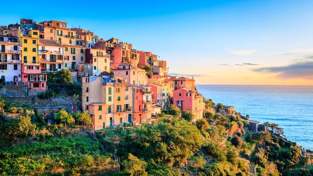 Scenic view of the village of Corniglia in Cinque Terre National Park in Italy