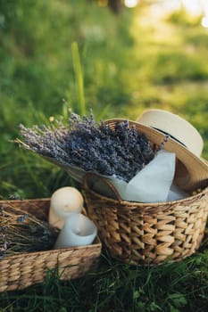 Purple lavender flowers in the wooden box. High quality photo