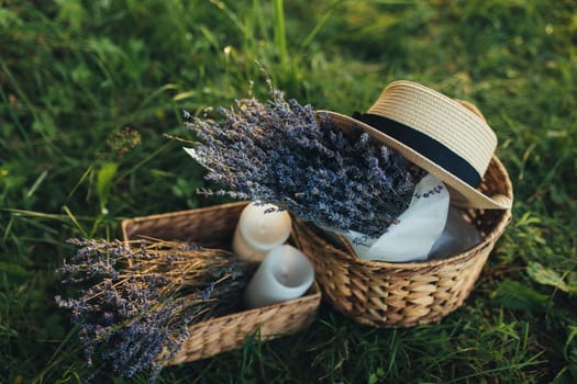 Purple lavender flowers in the wooden box. High quality photo