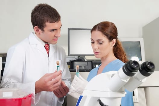 Lab technicians analyzing sample in test tubes