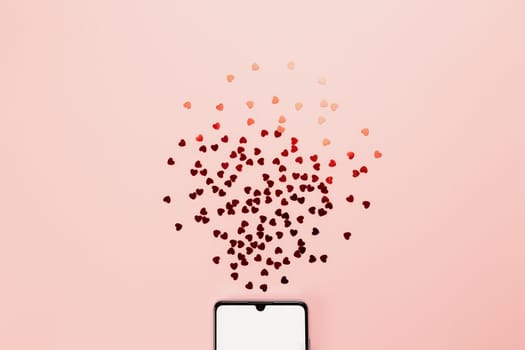 Valentine card with empty phone screen and glitters. High quality photo