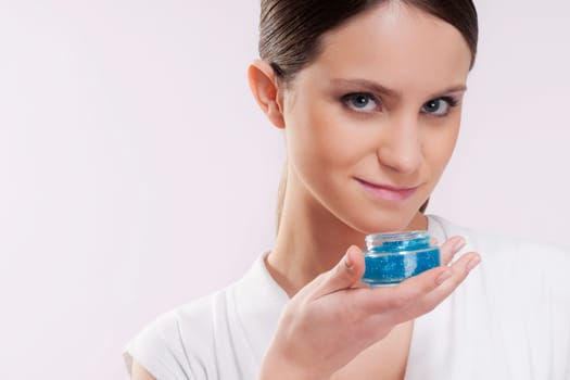 Woman smelling aroma gel