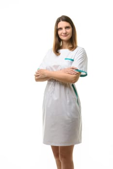 Girl in white medical gown, isolated on white background
