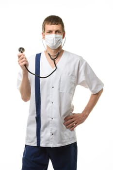 Doctor in mask with phonendoscope in hands isolated on white background