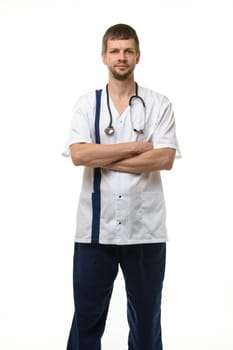 Man showing doctor's clothes, front view, isolated on white background