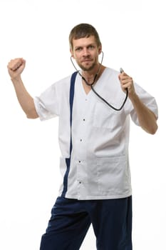 Cheerful doctor funny dancing with phonendoscope phonendoscope isolated on white background