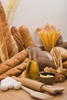 Close_up of pasta and breads with eggs