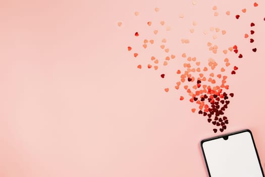 Valentine card with empty phone screen and glitters. High quality photo
