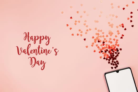 Valentine card with empty phone screen and glitters. Happy Valentine day text. High quality photo
