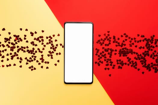 Valentine card with empty phone screen and glitters. High quality photo
