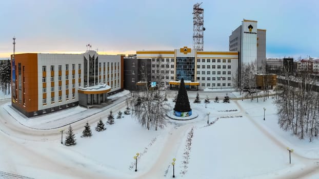 Nefteyugansk, Russia - December 25, 2019: Rosneft's administrative building in the city of Nefteyugansk.
