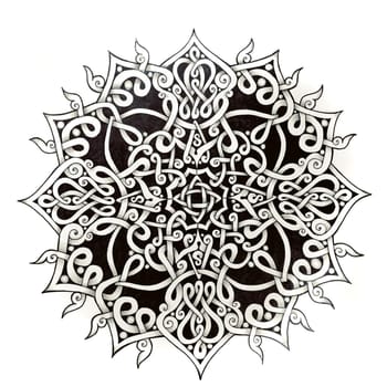 Painted ink on paper circle with patterns.