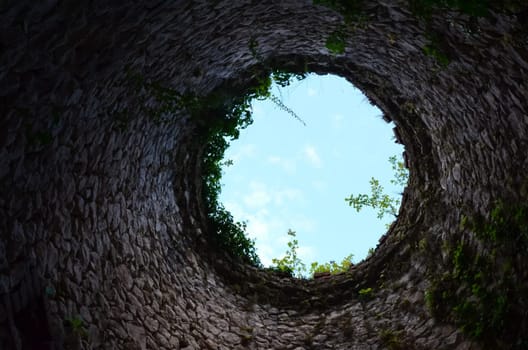 View from the water well from the bottom up. The stone walls of the well
