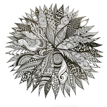 Painted ink on paper circle with patterns.