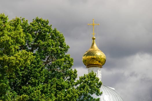 The dome of the church peeks out from behind a tree against a cloudy sky.
