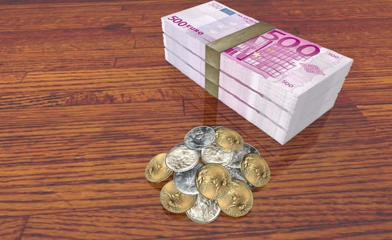 High angle view of euro banknotes and coins