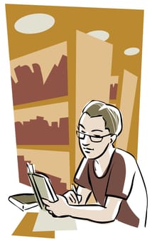 Close-up of a boy sitting in a library reading a book
