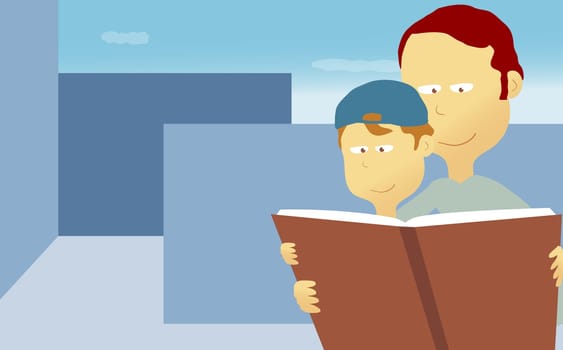 Father and his son reading a book