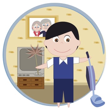 Man holding a mop and a vacuum cleaner