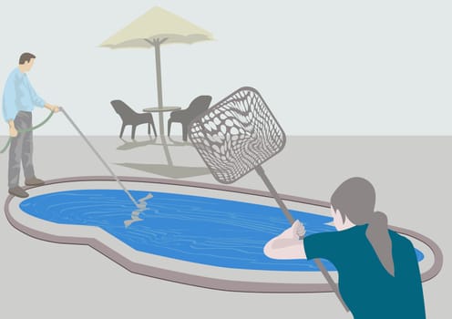 Man filling water with a woman holding a fishing net