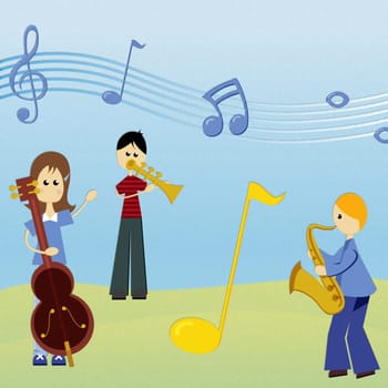 Two boys and a girl playing musical instruments