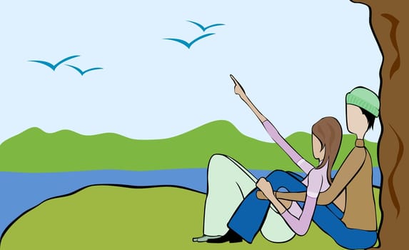 Man and a woman sitting at the lakeside