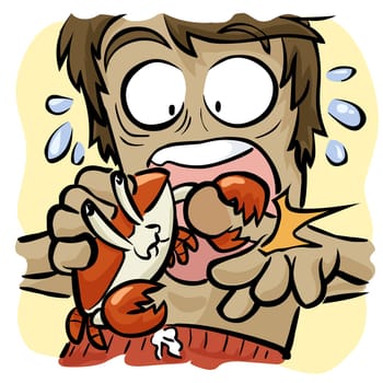 Close-up of a crab biting a man's thumb