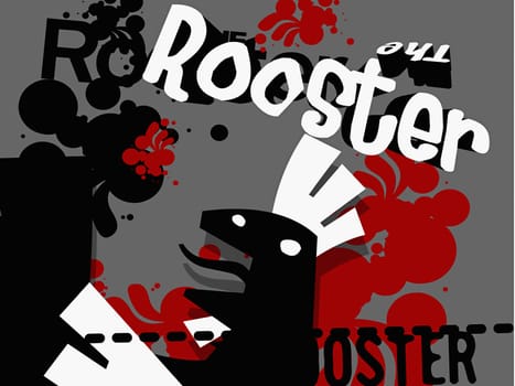 Close-up of a rooster with text