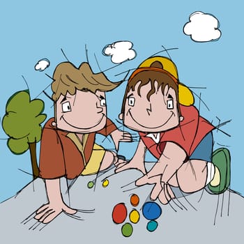 Two boys playing with marbles