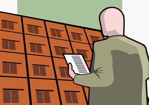 Man standing in front of lockers holding a sheet of paper