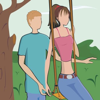 Man pushing a woman on a swing