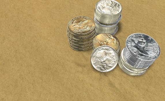 High angle view of stacks of coins