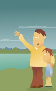 Father and his sons standing at the lakeside