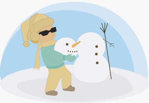 Boy holding the head of a snowman