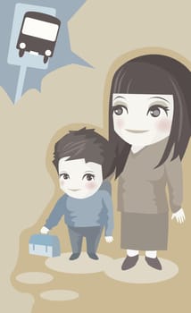 Mother and her son waiting for a school bus