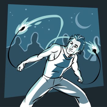 Man performing with burning ropes