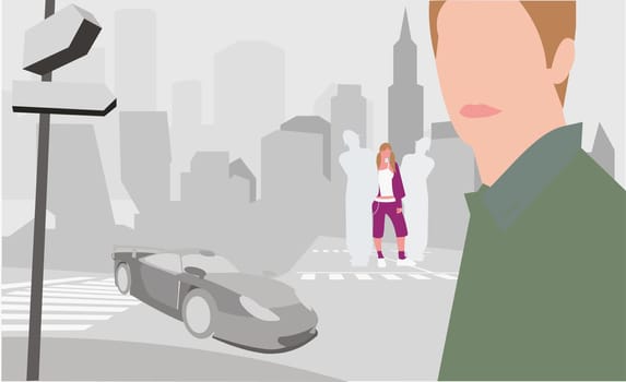 Man standing on street with a woman behind him