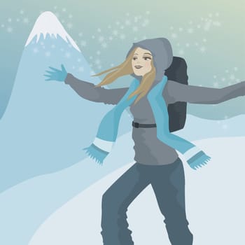 Woman standing in the snow with her arms outstretched
