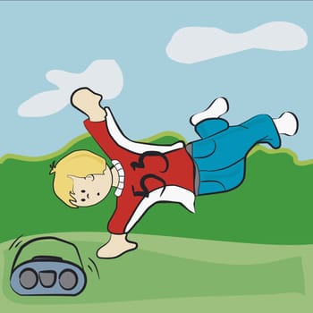 Boy dancing near a stereo