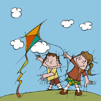 Boy and a girl flying a kite