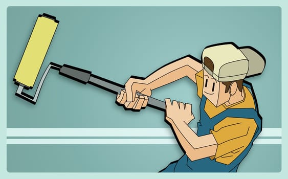 High angle view of a painter holding a paint roller