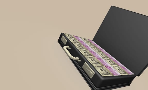 American dollar bills and Euro bank notes in a briefcase