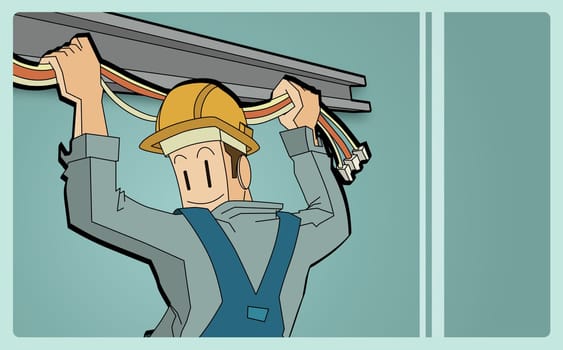 Rear view of an electrician holding cables