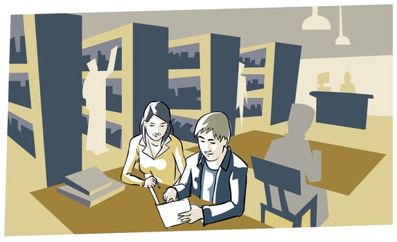 Boy and a girl sitting in a library