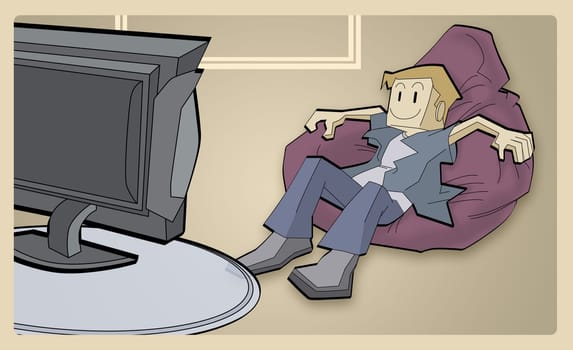 Boy sitting on a bean bag watching television