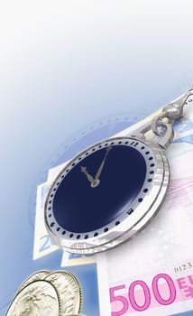 Close-up of a watch with currency