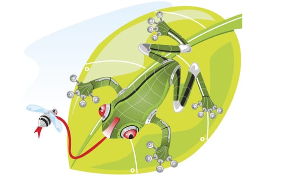 Close-up of a robot frog catching a fly