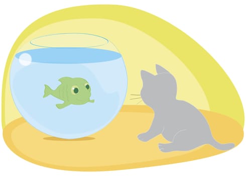 Fish swimming in a fishbowl looking at a cat