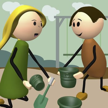 Boy and a girl playing with sand pails and shovels