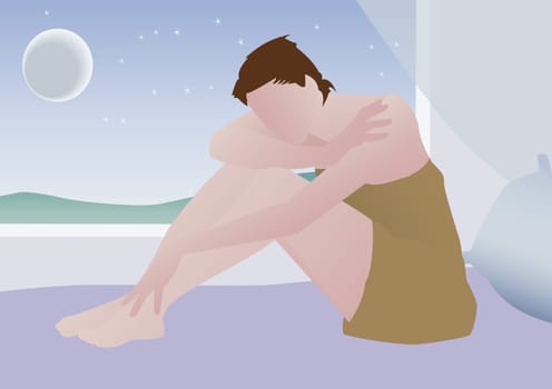 Woman sitting on a bed with her head on her arm